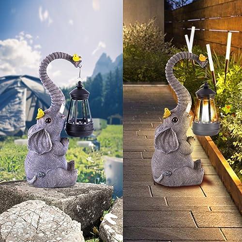 Solar Outdoor Garden Statues Lights, Elephant Figurines with Cute Birds Garden Sculpture Decor, Lucky Elephant Birthday Gifts for Women, Men or Daughter, Unique Housewarming Gifts and Yard Decoration - CookCave