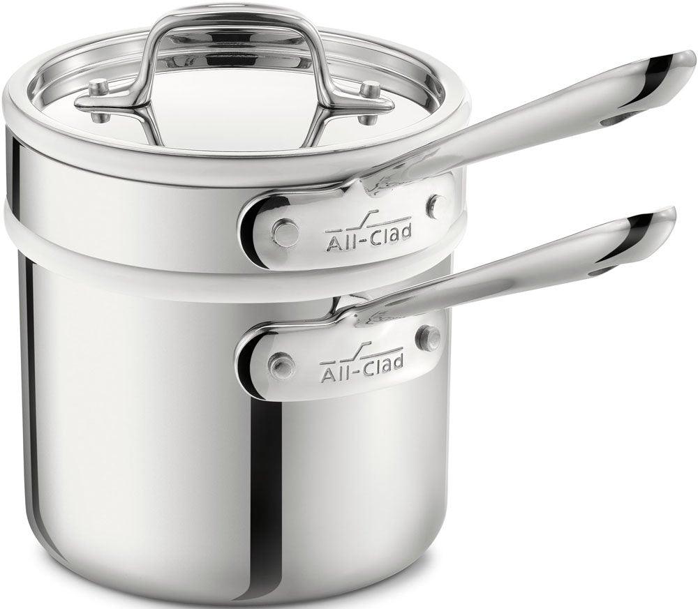 All-Clad 42025 Stainless Steel 3-Ply Bonded Dishwasher Safe Sauce Pan with Porcelain Double Boiler and Cookware Lid, 2-Quart, Silver - 8400000266 - CookCave