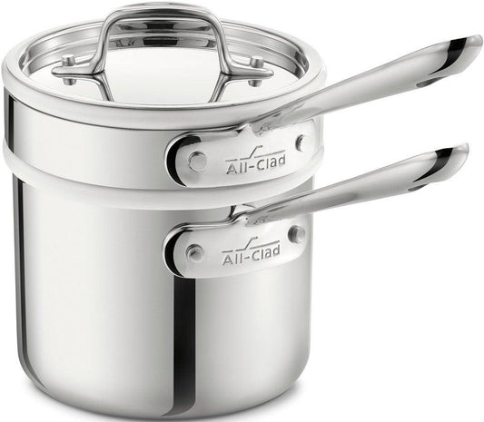 All-Clad 42025 Stainless Steel 3-Ply Bonded Dishwasher Safe Sauce Pan with Porcelain Double Boiler and Cookware Lid, 2-Quart, Silver - 8400000266 - CookCave