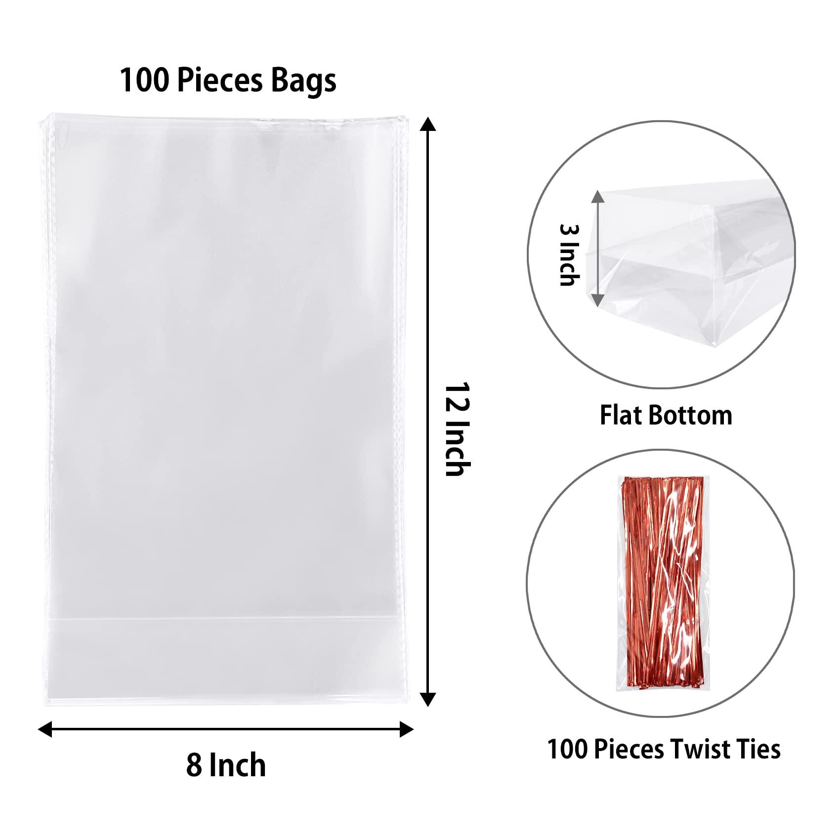 Morepack Flat Bottom Cellophane Bags,100Pcs 8x3x12 Inches Clear Flat Bottom Cellophane Treat Gift Bags with Twist Ties, Cello Bags for Cookie, Candy - CookCave