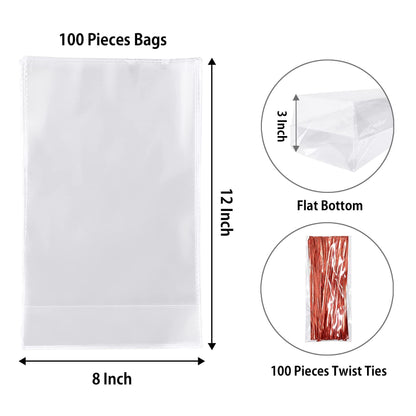 Morepack Flat Bottom Cellophane Bags,100Pcs 8x3x12 Inches Clear Flat Bottom Cellophane Treat Gift Bags with Twist Ties, Cello Bags for Cookie, Candy - CookCave