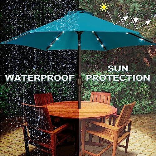 Blissun 7.5 ft Solar Umbrella 18 LED Lighted Patio Umbrella Table Market Umbrella with Tilt and Crank Outdoor Umbrella for Garden, Deck, Backyard, Pool and Beach (Cerulean) - CookCave