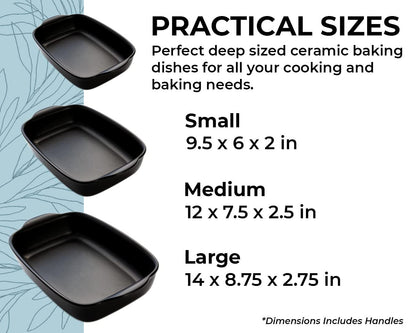 Saffron & Sage Casserole Dish Set of 3 - Baking Dishes for Oven, Contemporary Black Ceramic Baking Dish Set, Heavy Duty Bakeware, Up to 500° High Heat Resistant, Dishwasher, Freezer and Food Safe - CookCave