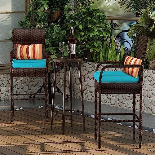 Sundale Outdoor Wicker Bar Stools Set of 4, 4 Piece Rattan Counter Chairs with Back Rest Pillow, Patio Pub Chair with Arms, Cushion Turquoise, All-Weather Outside Furniture - Steel, Brown - CookCave