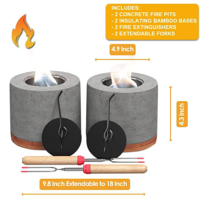 2 Pack Gardenix Decor Concrete Tabletop Fire Pit with Bamboo Base; Burns Ethanol and Multiple Fuels; 2 Extending Marshmallow Roasting Stick Forks; Table Top Fire Pit Bowl/Mini Tabletop Fireplace - CookCave