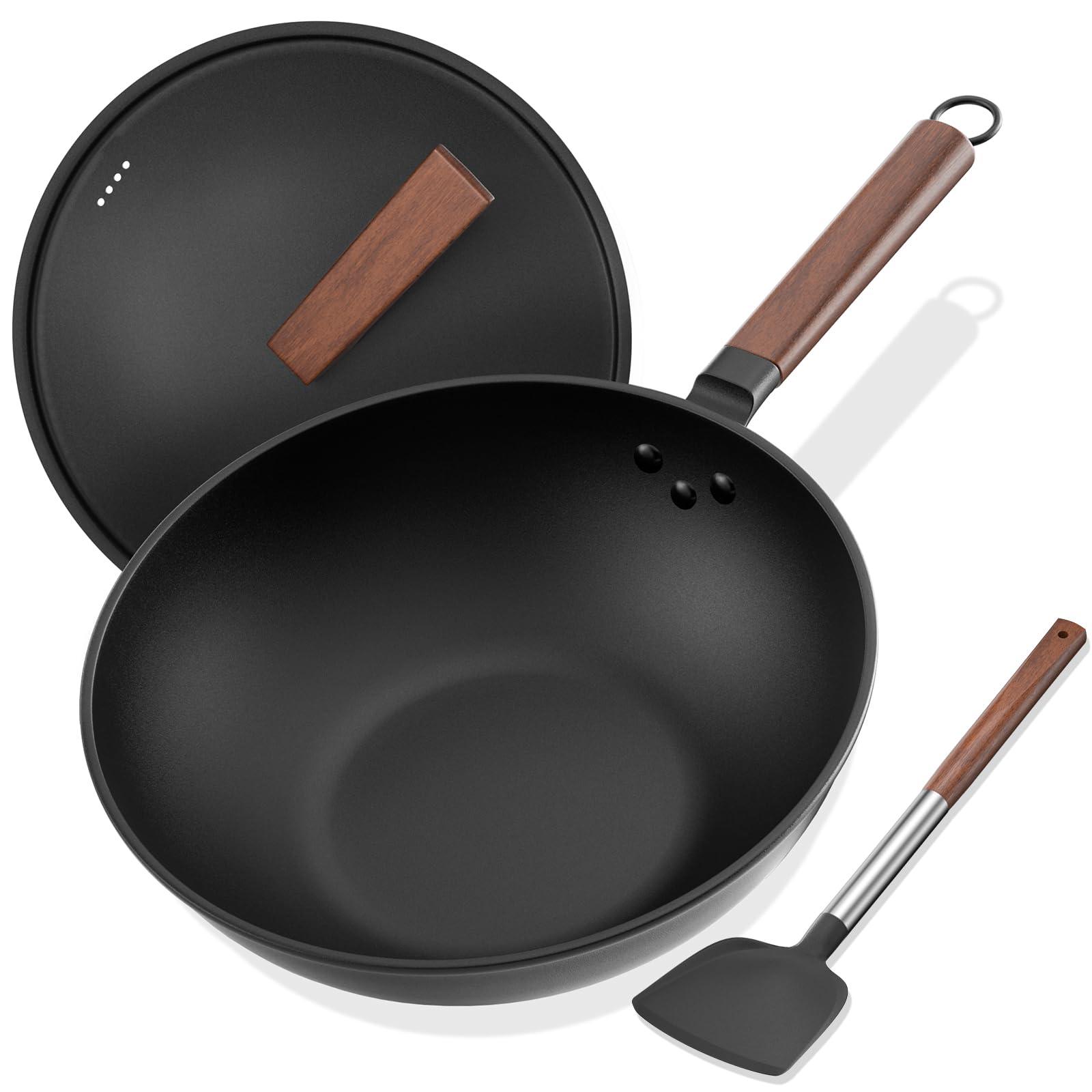 Todlabe Carbon Steel Wok, 13-Inch, Pre-Seasoned, Non-Stick, with Lid and Spatula, Flat Bottom, Ideal for Stovetop Cooking - CookCave