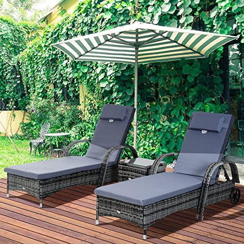 Outsunny Chaise Lounge Set of 2 with 5 Angle Backrest, Wheels, Armrests, Outdoor Coffee Table, Cushions, PE Rattan Wicker Poolside Chairs, 3-Piece Pool Furniture Set, Gray - CookCave