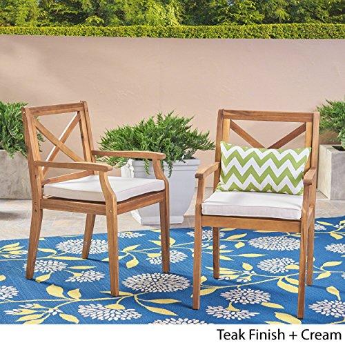 Christopher Knight Home Peter | Outdoor Acacia Wood Dining Chair Set of 2, Teak/Cream Cushion - CookCave