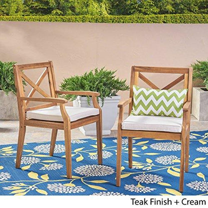 Christopher Knight Home Peter | Outdoor Acacia Wood Dining Chair Set of 2, Teak/Cream Cushion - CookCave