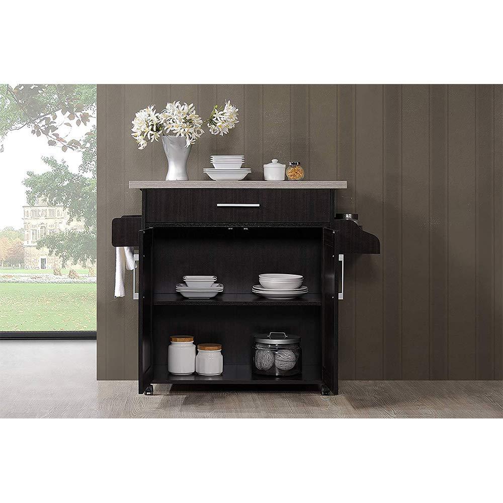 Hodedah Kitchen Island with Spice Rack, Towel Rack & Drawer, Chocolate with Grey Top - CookCave