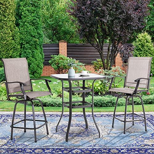 Vongrasig 3 Piece Patio Swivel Bar Set, All Weather Mental Textilene High Swivel Stools Chair Set of 2 and High Glass Bar Table, Outdoor High Top Bistro Set for Lawn Garden, Balcony, Taupe - CookCave