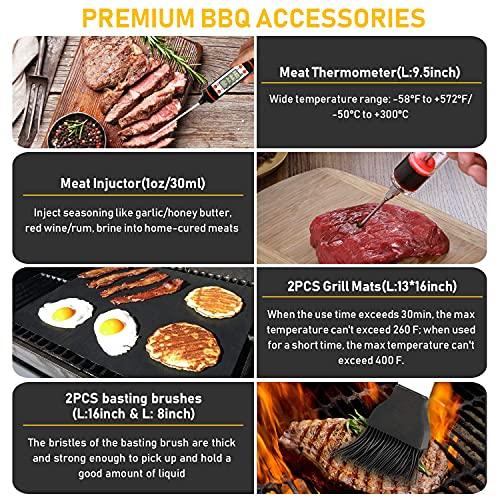 34Pcs BBQ Grill Accessories Tools Set, 16 Inches Stainless Steel Grilling Tools with Carry Bag, Thermometer, Grill Mats for Camping/Backyard Barbecue, Grill Tools Set for Men Women - CookCave