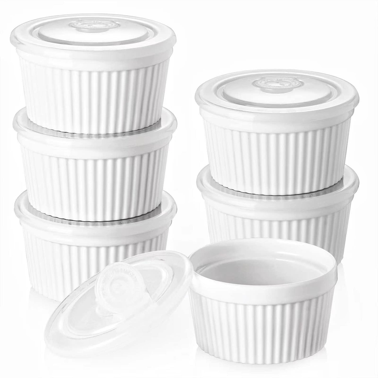 DOWAN Ramekins 8 oz Oven Safe with Lids, Creme brulee Ramekins Bowls with Covers, Porcelain White Ramekins Souffle Dishes for Baking, Stackable, Set of 6 - CookCave