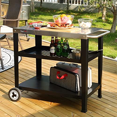 Royal Gourmet PC3404S Rolling Dining Table with Trash Bag Holder, Outdoor Garden Patio BBQ Kitchen Food Prep Cart, 30" L x 19" W Stainless Steel Tabletop, Silver & Black - CookCave