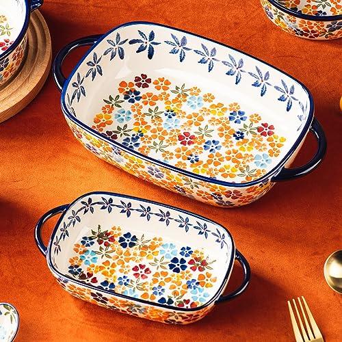 ONECCI Retro pastoral style Ceramic Baking Dish Rectangular Bakeware Set Baking Pan, 2-piece Hand-painted Porcelain Baking pan with handle, Casserole Dish for Oven/Cooking/Kitchen (Colorful Flower) - CookCave