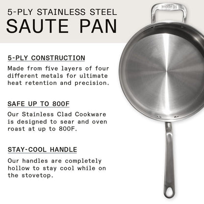 Made In Cookware - 3.5 Quart Stainless Steel Saute Pan - 5 Ply Stainless Clad - Professional Cookware - Induction Compatible Italy - CookCave