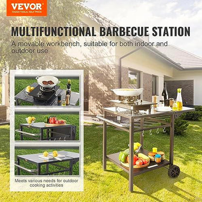 VEVOR Outdoor Grill Dining Cart with Double-Shelf, BBQ Movable Food Prep Table, Multifunctional Foldable Iron Table Top, Portable Modular Carts for Pizza Oven, Worktable with 2 Wheels, Carry Handle - CookCave