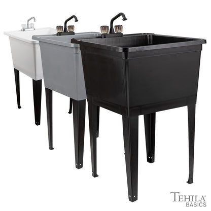 Tehila Basics by JS Jackson Supplies 21-Gallon Grey Freestanding Utility Sink with Black 2-Handle Faucet, Heavy Duty Plastic Laundry Tub with Adjustable Legs - CookCave