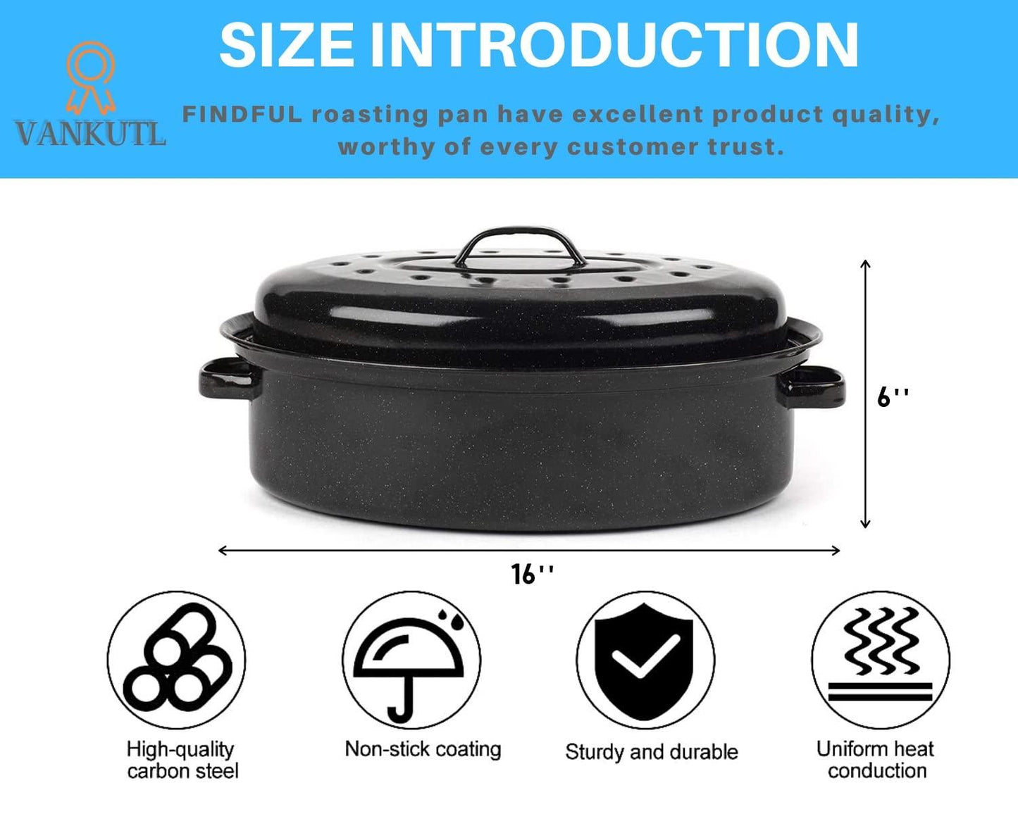 16 Inch Roasting Pan with Lid - Covered Oval Roaster - Enamel Carbon Steel Roaster Pot - Excellent Heat Distribution and Non-sticky - for Turkey Chicken Meat & Vegetables -Birthday and Holiday gifts - CookCave
