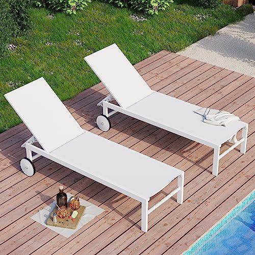 SUNLEI Patio Chaise Lounge Outdoor Set of 2, w/5-Position Adjustable Backrest & All Weather, 2 Large Wheels of Tanning Recliner Chair for Pool Beach Deck for Outside, White - CookCave