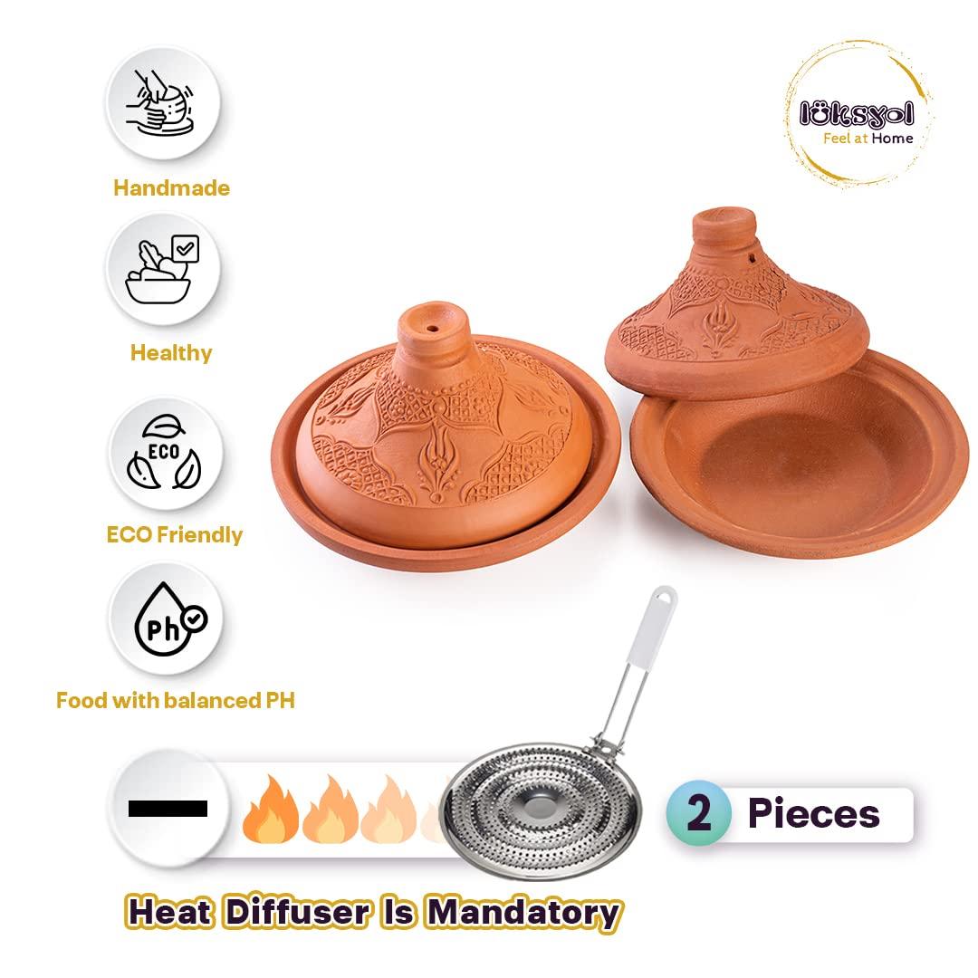 LUKSYOL Handmade Moroccan Tajin Set - Elevate Your Culinary Journey with Authentic Terracotta Clay Cooking Pots (2PCs, 8 x 4.7 in) for Moroccan, Indian, Mexican & Mediterranean Delights - CookCave