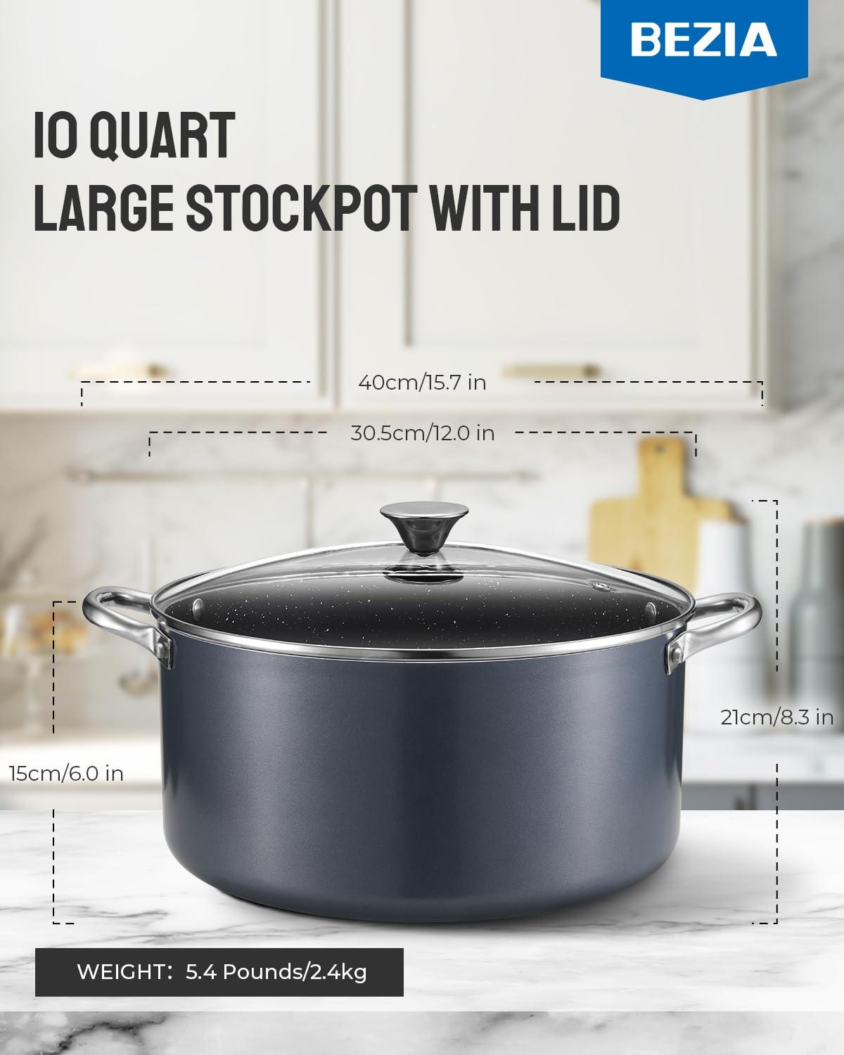 BEZIA Stock Pot with Lid, 10 Qt Large Non Stick Cooking Pot, Induction Soup Pot for Cooking, All Stove Compatible, Grey - CookCave