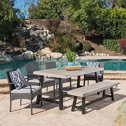 Christopher Knight Home Louise Outdoor Wicker Dining Set with Acacia Wood Table and Bench and Water Resistant Cushions, 6-Pcs Set, Sandblast Light Grey / Black Rustic Metal / Grey / Grey Cushions - CookCave