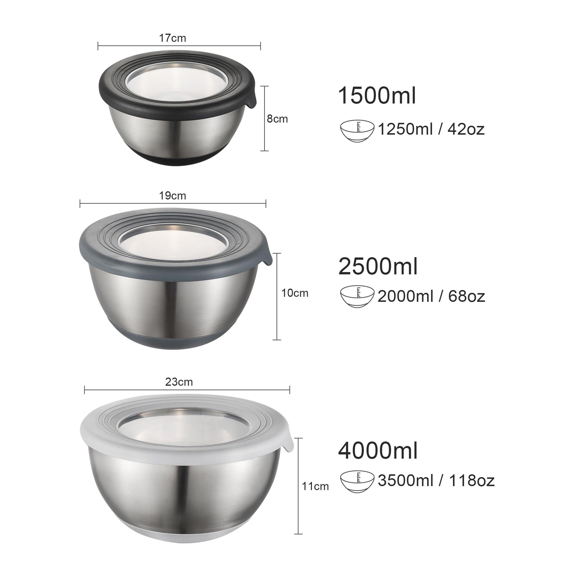 XingXiuSis Mixing Bowl Set with Lids 3 Pieces Stainless Steel Non-slip Mixing Bowl Nesting Metal Bowl Set for Cooking Baking Prepping & Food Storage 1.25/2/ 3QT - CookCave