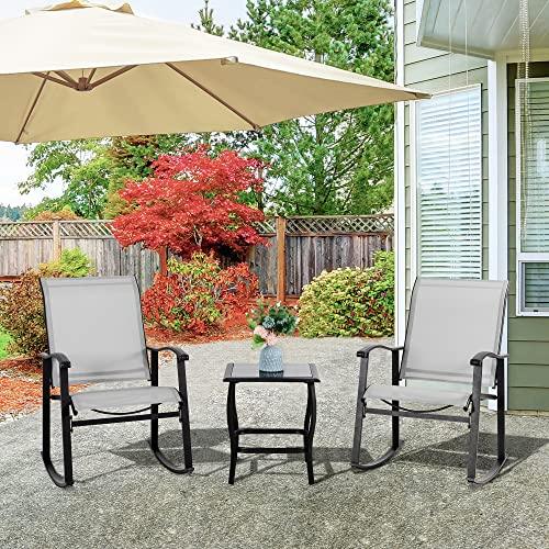 Vongrasig 3 Piece Outdoor Rocking Bistro Set, Textilene Fabric Small Patio Furniture Set, Front Porch Rocker Chairs Conversation Set with Glass Table for Lawn, Garden, Balcony, Poolside (Light Gray) - CookCave