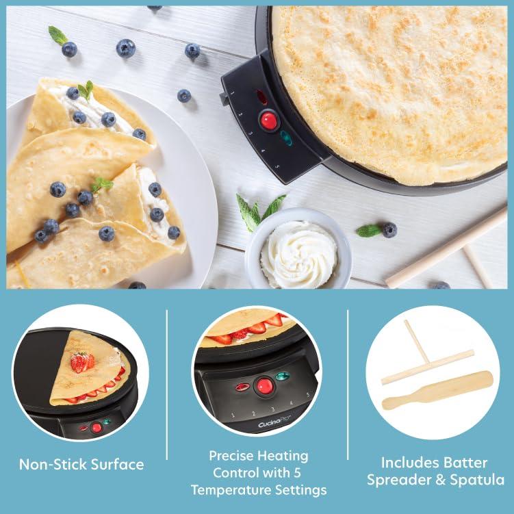 12" Griddle & Crepe Maker, Non-Stick Electric Crepe Pan w Batter Spreader & Recipe Guide- Dual Use for Blintzes Eggs Pancakes, Portable, Adjustable Temperature Settings - Holiday Breakfast or Dessert - CookCave