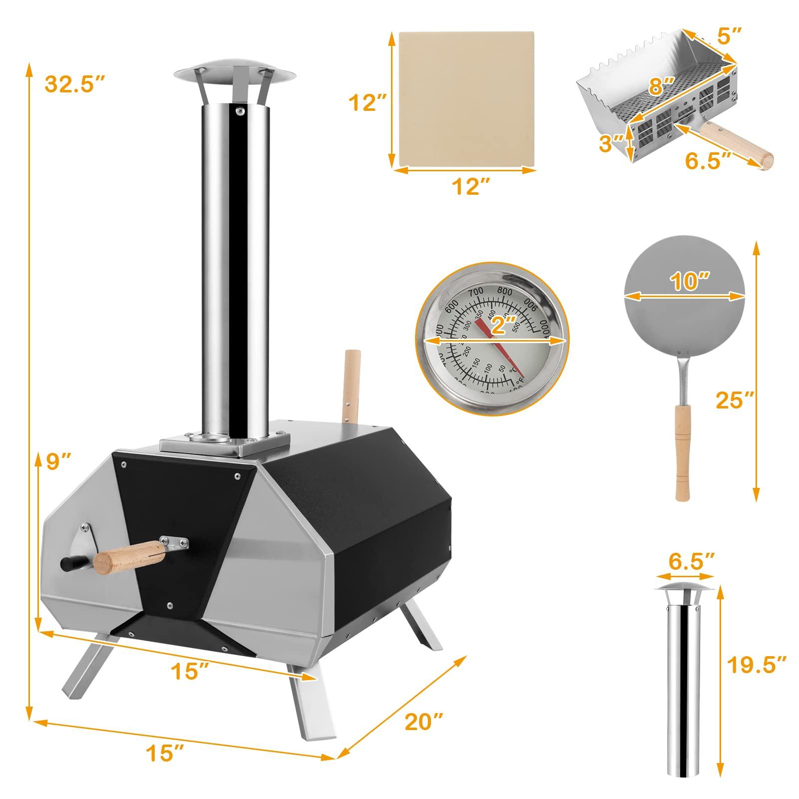 COSTWAY Outdoor Pizza Oven, with 12” Pizza Stone, Wood Fired Pizza Maker with Foldable Legs & Built-in Thermometer, Stainless Steel Wood Pellet Pizza Grill for Camping, Backyard, Picnic, Party, Black - CookCave