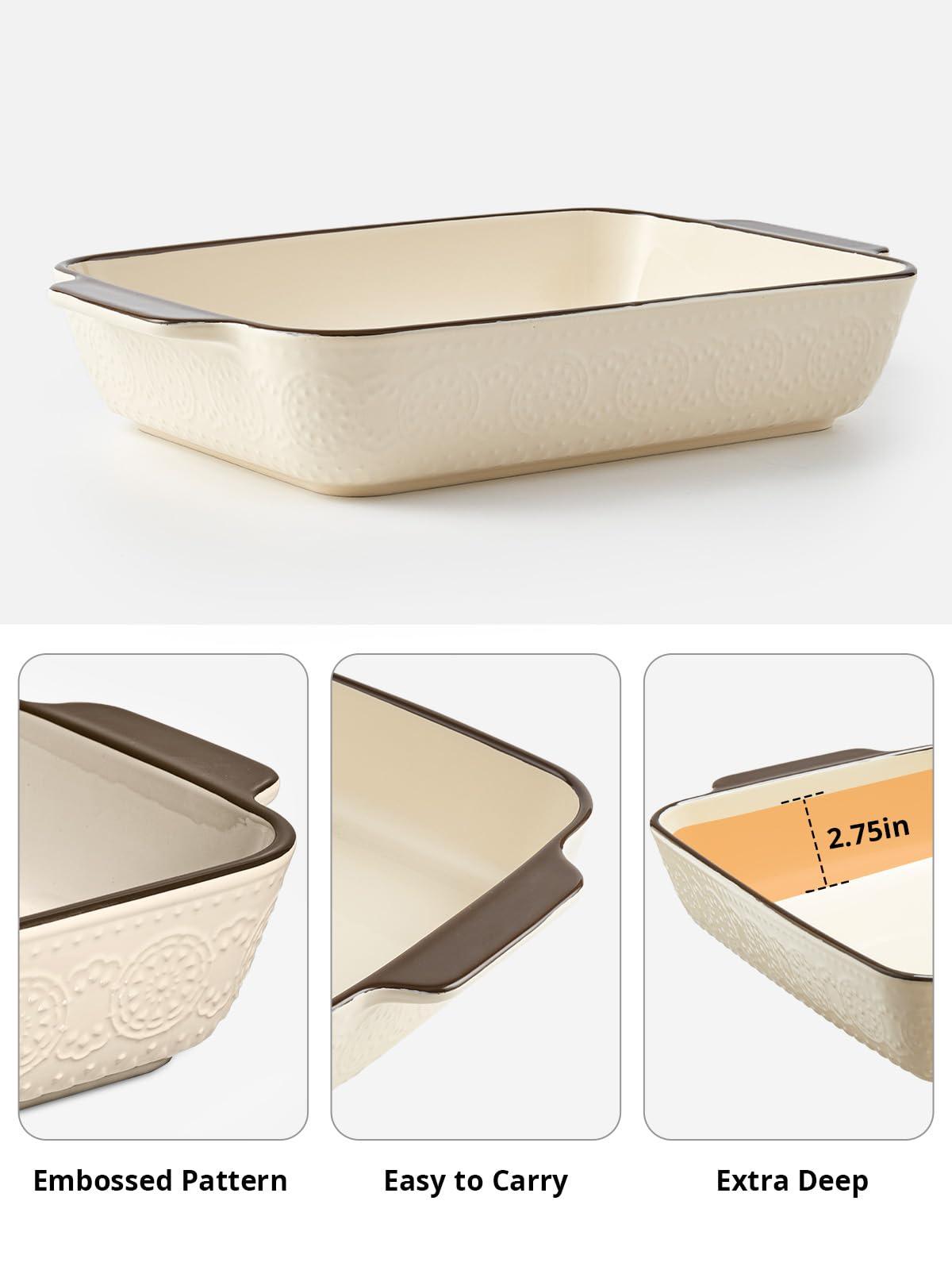 LIFVER 9x13 Baking Dish, Embossed Rectangular Lasagna Pan with Handle, 3.4qt Ceramic Casserole Dish for Oven, Oven Safe and Durable Bakeware, Christmas Decor, Beige - CookCave