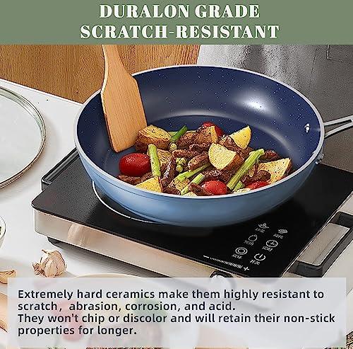 Nuwave Healthy Duralon Blue Ceramic Nonstick Cookware Set, Diamond Infused Scratch-Resistant, PFAS Free, Dishwasher & Oven Safe, Induction Ready & Evenly Heats, Tempered Glass Lids & Stay-Cool Handles - CookCave