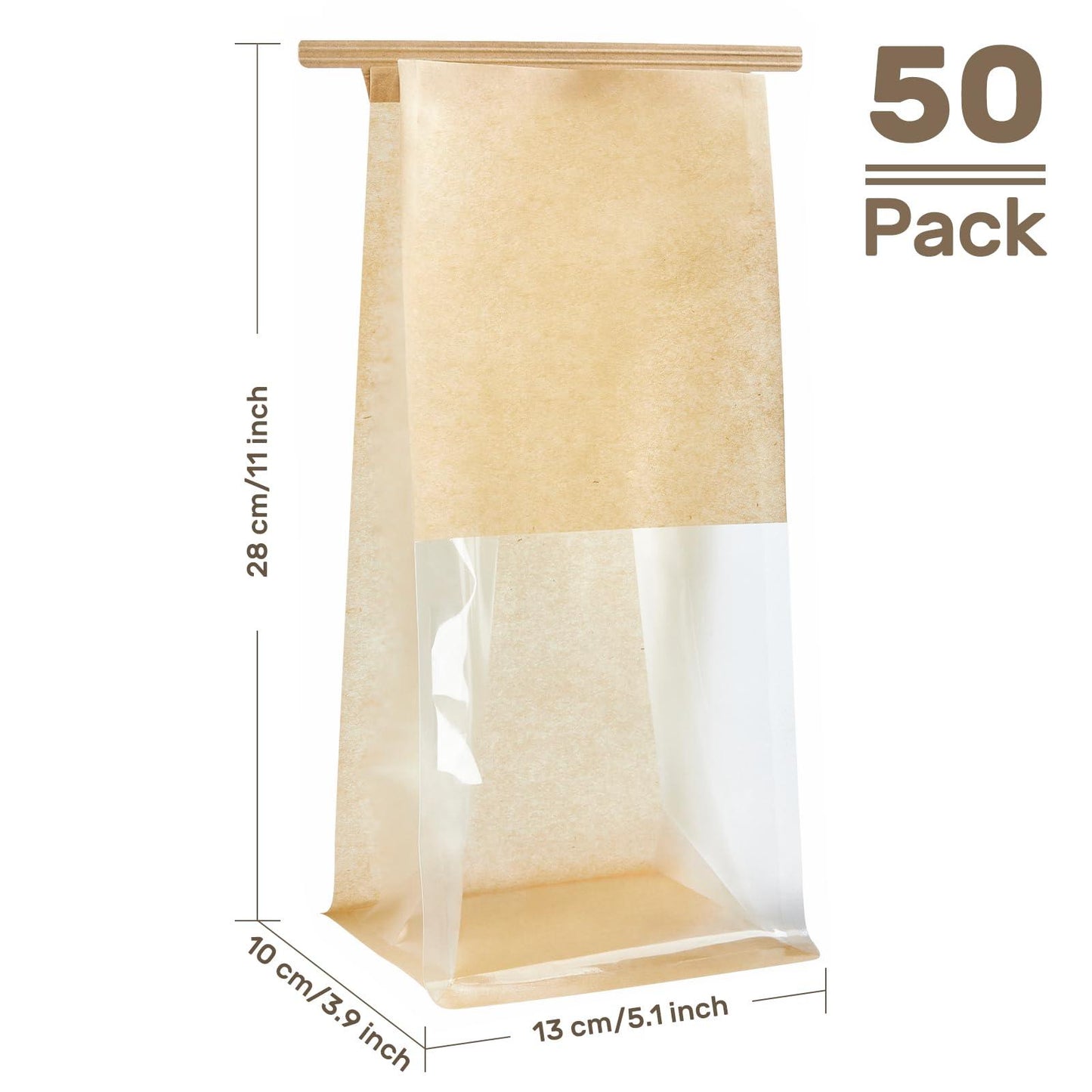 ZORRITA 50 Pack Bakery Bags with Window, 5.1 x 3.9 x 11 Inches Kraft Paper Cookie Bags Tin Tie Tab Lock Treat Bags for Packaging Breads, Pastry, Donuts, Popcorns, Granola and Snacks - CookCave