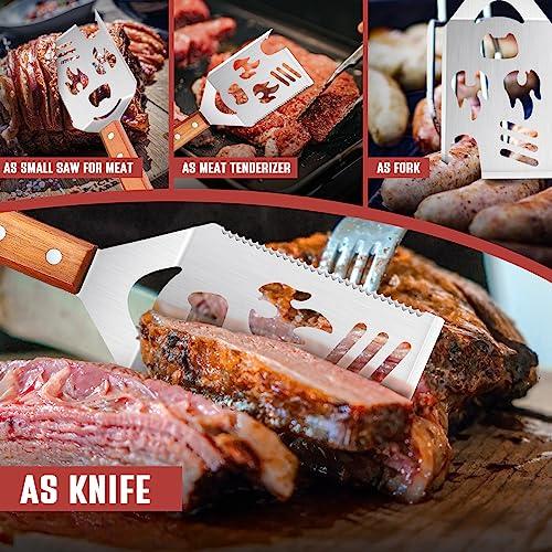 Grill Spatula for Outdoor Grill, 8 in 1 BBQ Spatula with Flip Fork，Knife, Serrated Edge, 16" Long Grilling Tools with Wooden Handle, Unique BBQ Grilling Gifts for Men - CookCave