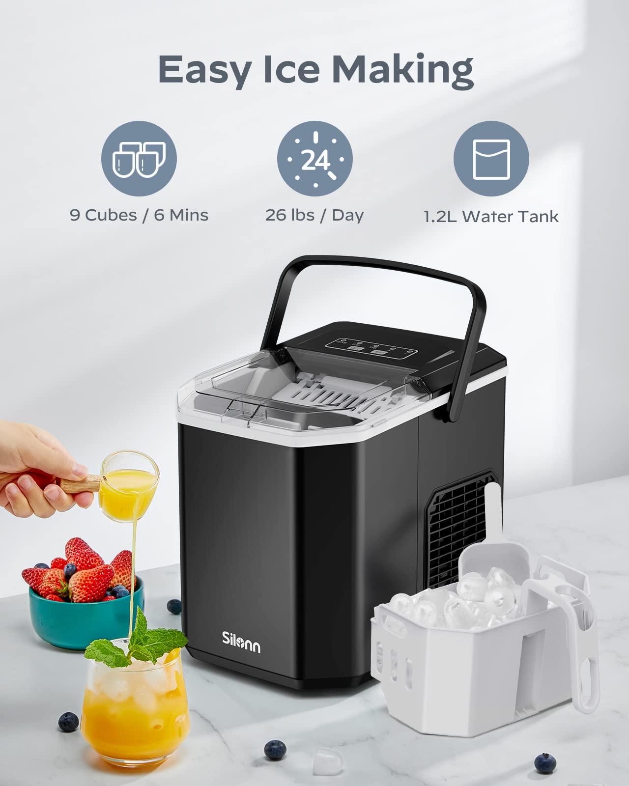 Silonn Ice Maker Countertop, Portable Ice Machine with Carry Handle, Self-Cleaning Ice Makers with Basket and Scoop, 9 Cubes in 6 Mins, 26 lbs per Day, Ideal for Home, Kitchen, Camping, RV - CookCave