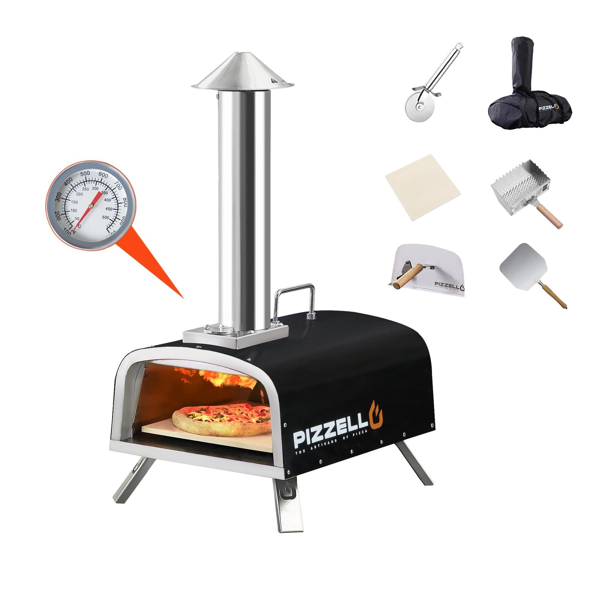 PIZZELLO Portable Pellet Pizza Oven Outdoor Wood Fired Pizza Ovens Included Pizza Stone, Pizza Peel, Fold-up Legs, Cover, Pizzello Forte (Black) - CookCave