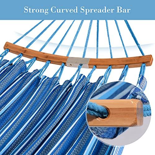 SUNCREAT Hammocks Double Hammock with Curved Spreader Bar, Outdoor Portable Hammock with Carrying Bag & Tree Straps for Bedroom, Patio, Backyard, Balcony, Max 450lbs Capacity, Blue - CookCave