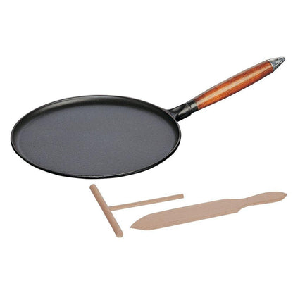 Staub Cast Iron 11-inch Crepe Pan with Spreader & Spatula - Matte Black, Made in France - CookCave