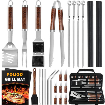 POLIGO 26PCS Heavy Duty BBQ Grill Accessories Set, Non-Slip Grill Tools for Outdoor Grill Set Thicker Stainless Steel Grill Utensils Set, Durable Grilling Tools Set Christmas Birthday Gifts for Men - CookCave