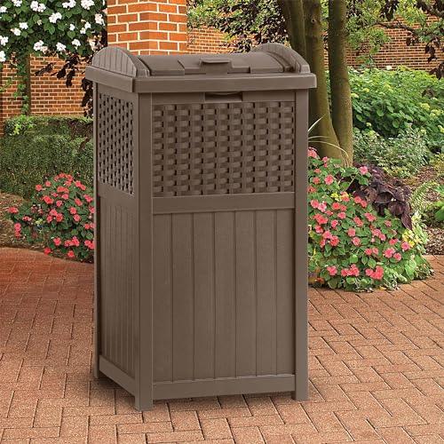 Suncast 33 Gallon Hideaway Can Resin Outdoor Trash with Lid Use in Backyard, Deck, or Patio, 33-Gallon, Brown - CookCave