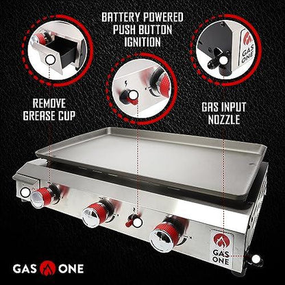 Gas One Flat Top Grill with 3 Burners – Auto Ignition Propane Portable Gas Grill – Premium Stainless Steel Body Tabletop Grill with Pre Season Griddle – Convenient Drip Tray – Ideal for RV, Camping - CookCave
