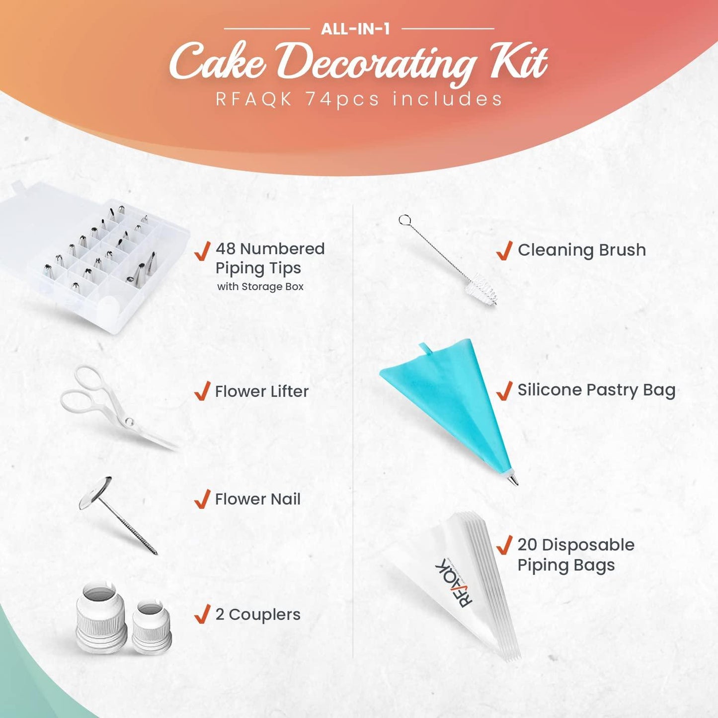 RFAQK 74 PCs Icing Piping Bags and Tips Set, Cake Decorating Kit with 48-Numbered Piping Tips, 20+1 Pastry Bags for Cookie Cupcake Cake Decoration, Cake Decorating Tips Set with Booklet and E-book - CookCave