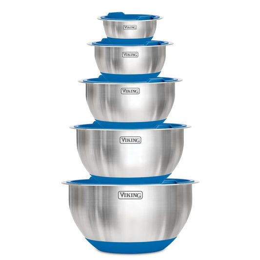 VIKING Culinary Stainless Steel Mixing Bowl Set, 10 piece, Non-slip Silicone Base, Includes Airtight Lids, Dishwasher Safe, Blue - CookCave