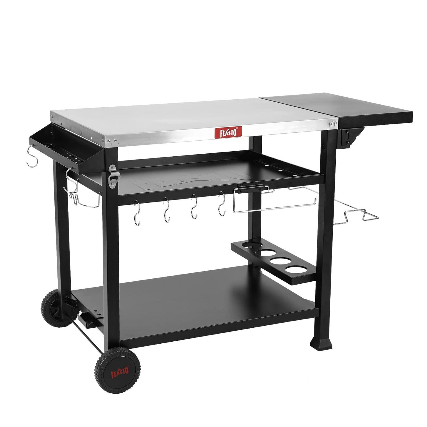 Feasto 3-Shelf Movable Outdoor Prep Table, Pizza Oven Table, BBQ Grilling Table,Grill Cart with Side Table, Home & Outdoor Stainless Steel Table Top Grill Table on 2 Wheels, L50 xW21.7 xH33 - CookCave