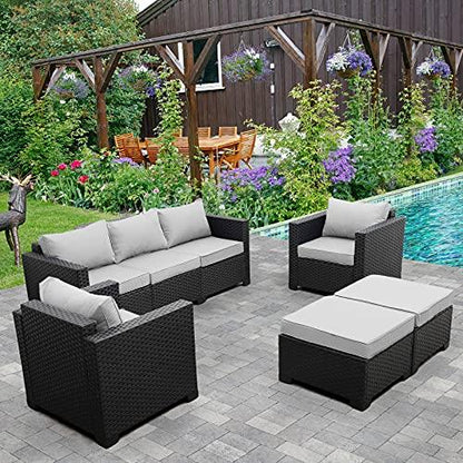 Rattaner Outdoor Wicker Furniture Couch Set 5 Pieces, Patio Furniture Sectional Sofa with Grey Cushions and Furniture Covers - CookCave