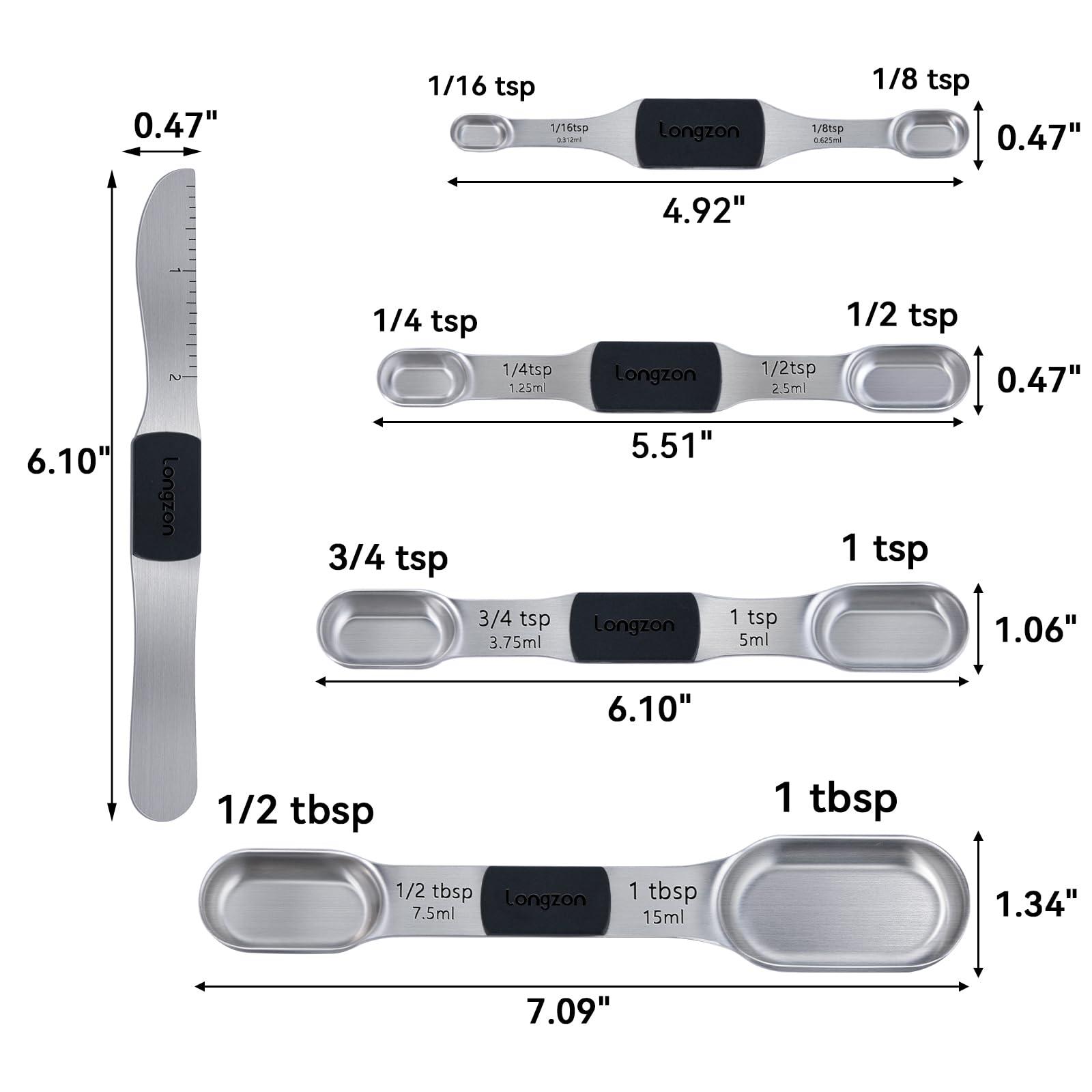 [2024 NEW] longzon 8 Full-Sized Measurements Magnetic Measuring Spoon Set with Leveler - Durable Engraved Markings, Magnetic Absorbent, Stackable Stainless Steel - Suitable for Most Spice Jars - CookCave