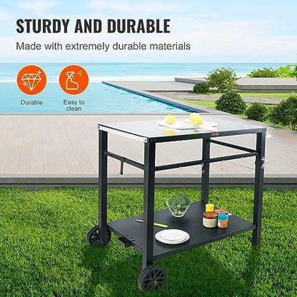 VEVOR Outdoor Grill Dining Cart with Double-Shelf, BBQ Movable Food Prep Table, Multifunctional Iron Table Top, Portable Modular Carts for Pizza Oven, Worktable with 2 Wheels, Carry Handle, Black - CookCave