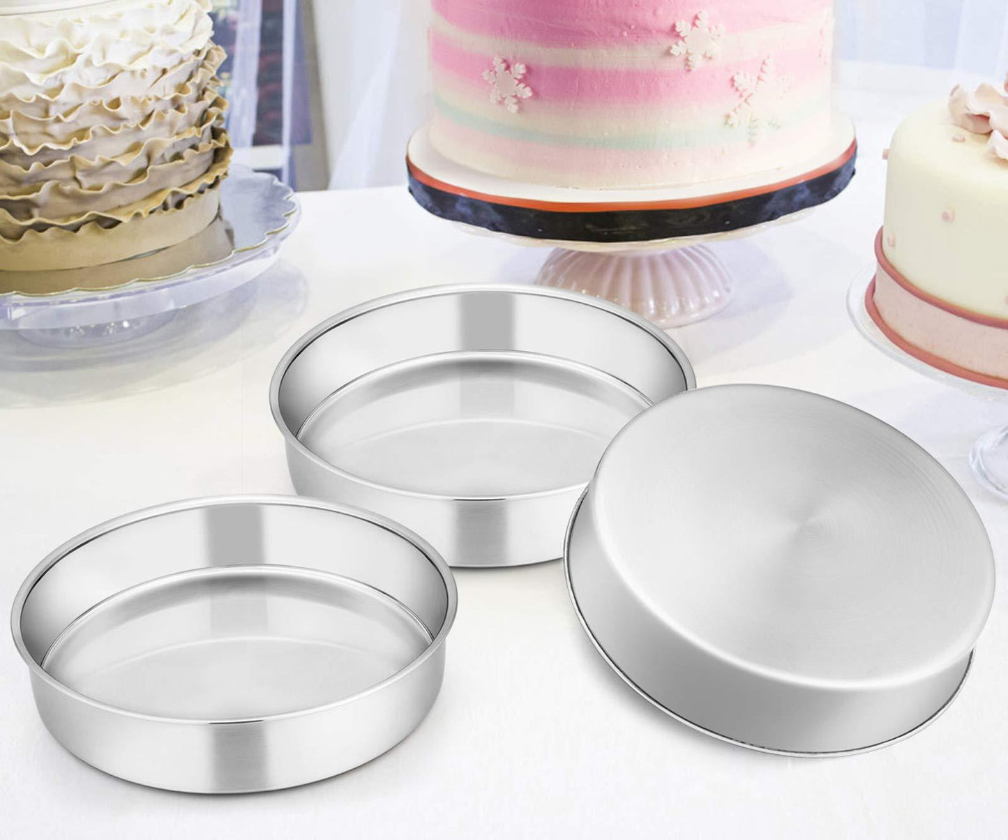 E-far 8 Inch Cake Pan Set of 3, Stainless Steel Round Layer Cake Baking Pans, Non-Toxic & Healthy, Mirror Finish & Dishwasher Safe - CookCave