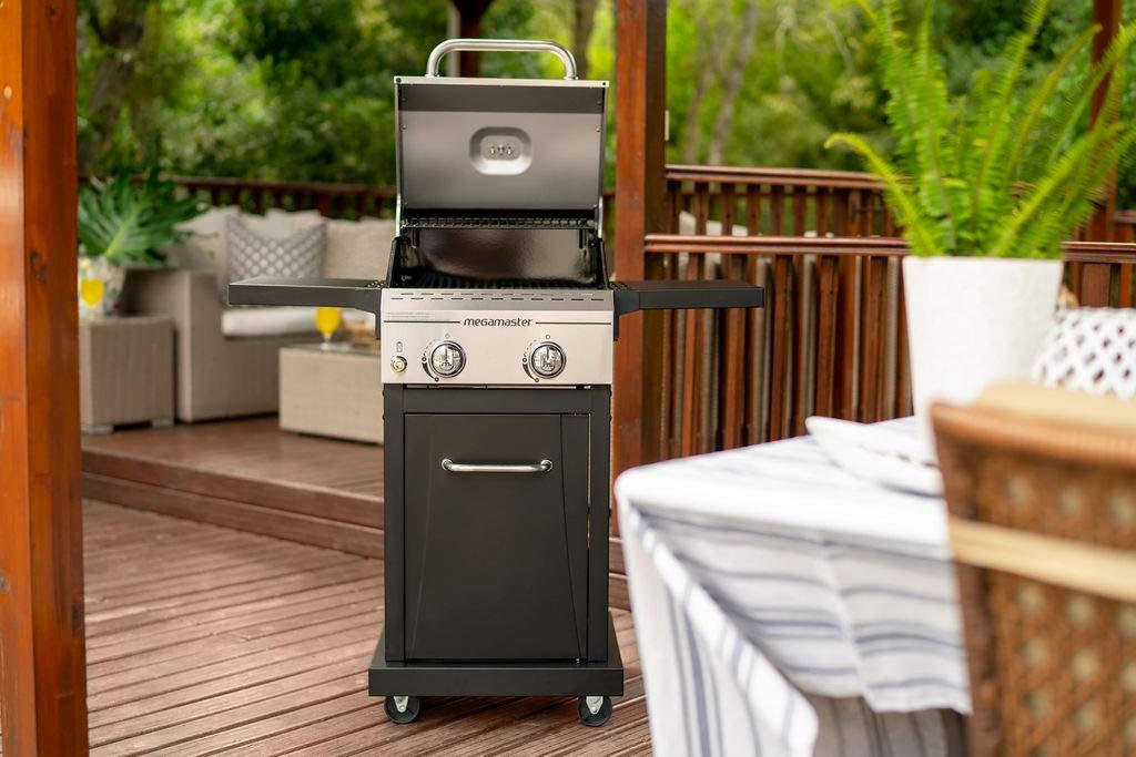 Megamaster 2-Burner Propane Barbecue Gas Grill with Foldable Side Tables, Perfect for Camping, Outdoor Cooking, Patio, Garden Barbecue Grill, 28000 BTUs, Silver and Black, 720-0864MA - CookCave